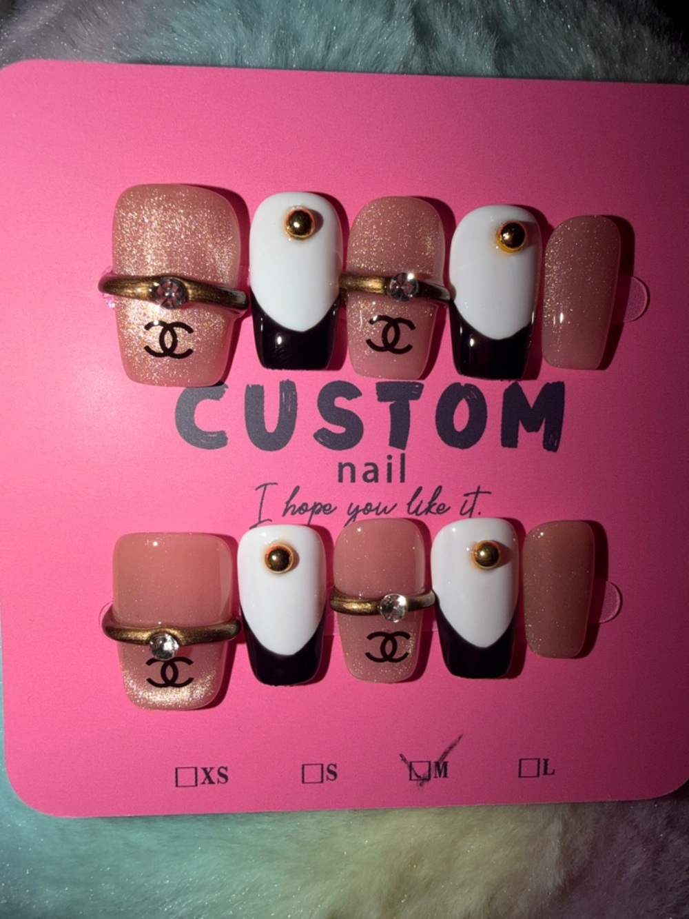 Custom Nude & White Press-On Nail Set with Gold Accents